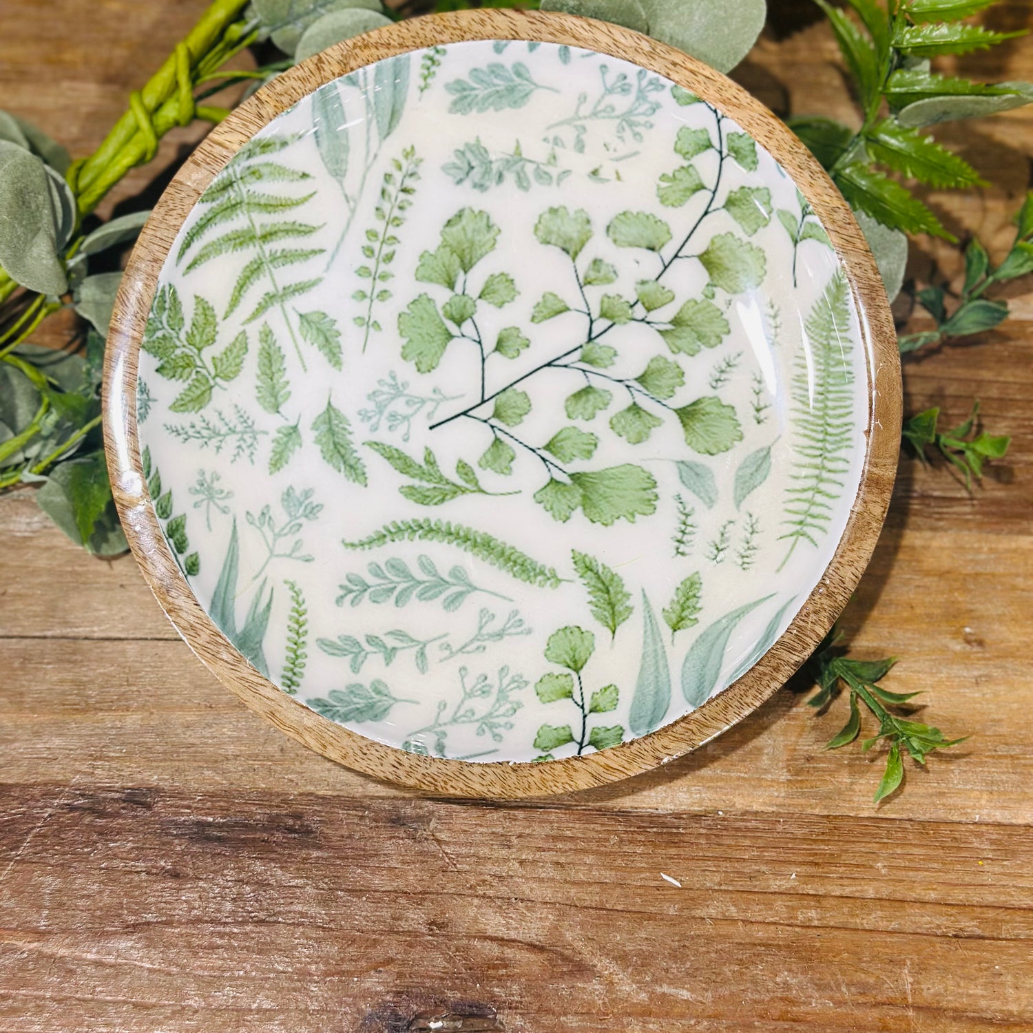 8” Wooden Plate With Fern Enamel Inside