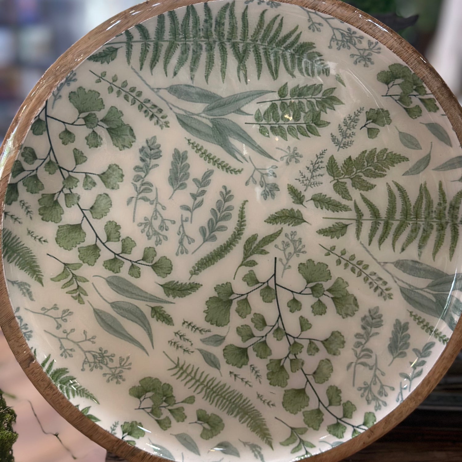 12” Wooden Plate With Fern Enamel Inside