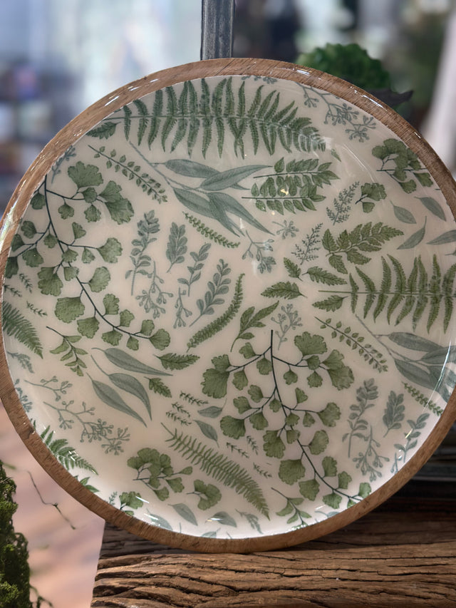 12” Wooden Plate With Fern Enamel Inside