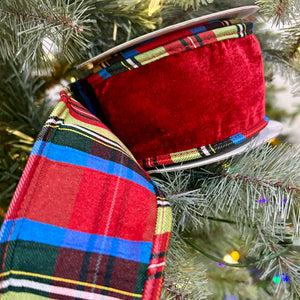 2.5" | 4" x 10YDS Sheldon Red Velvet Ribbon with Plaid Backing & Piping