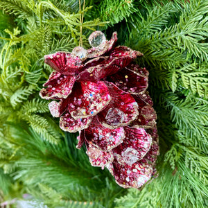6"L Jewel Pinecone Ornament | Red