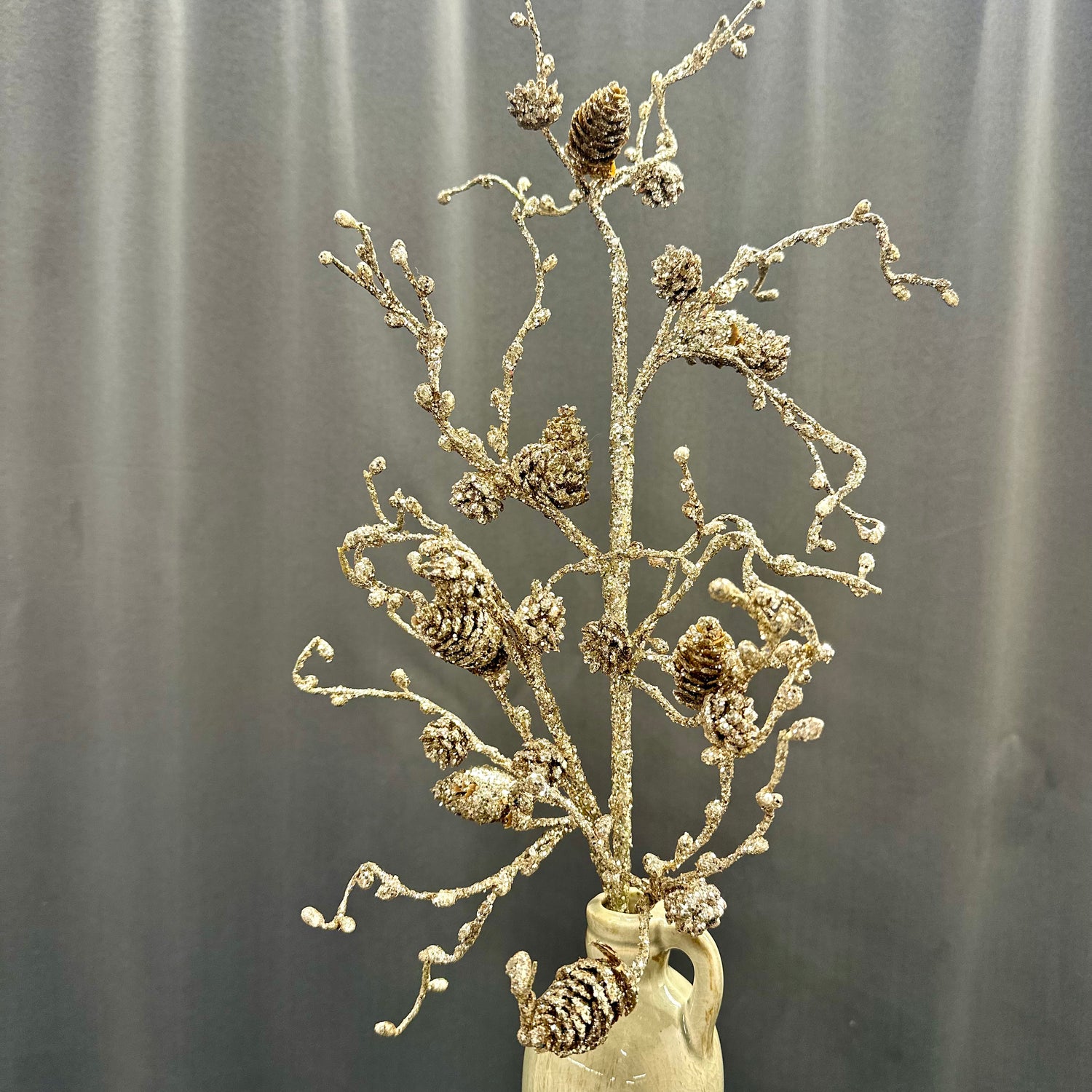 26" Platinum Gold Twig-Pine Cone Spray
