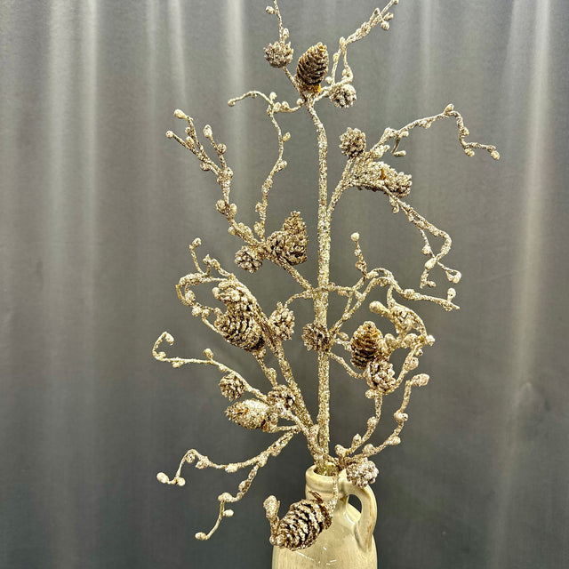 26" Platinum Gold Twig-Pine Cone Spray