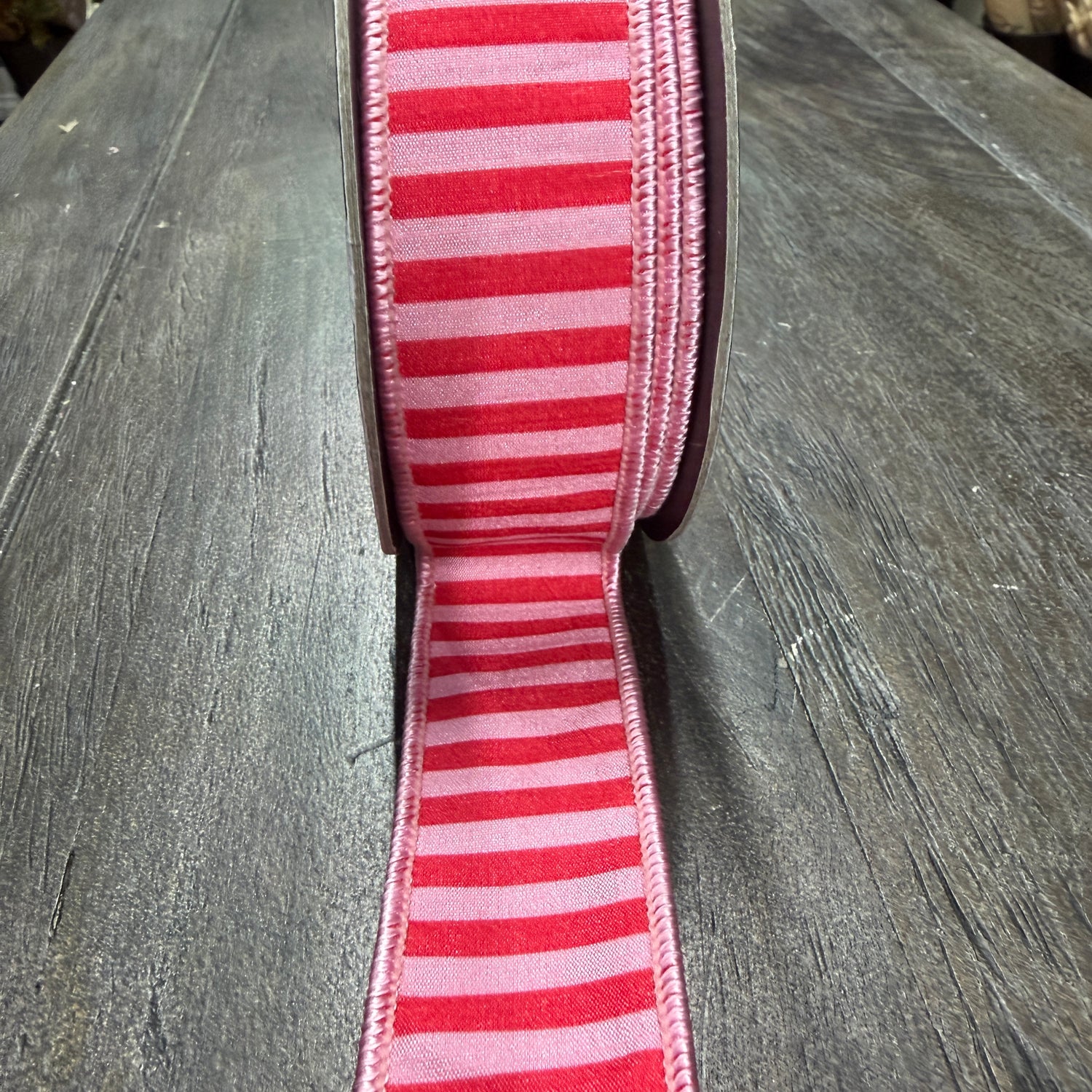 1.5"X10YDS Pink&Red Bar Striped Dupioni Deluxe Backed Wired Ribbon