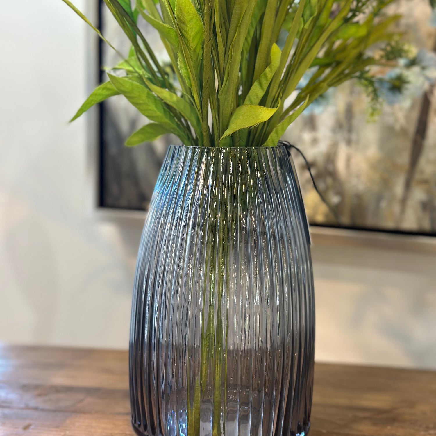 8.25” Ribbed Blue Gray Glass Vase