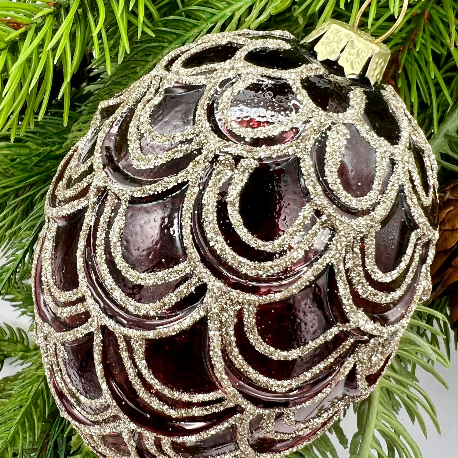 4.5" Burgundy Glass with Glitter Etch Egg Ornament