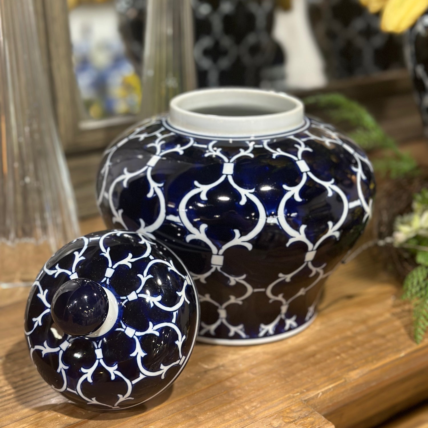 7" Blue & White Quatrefoil Lidded Ceramic Jar