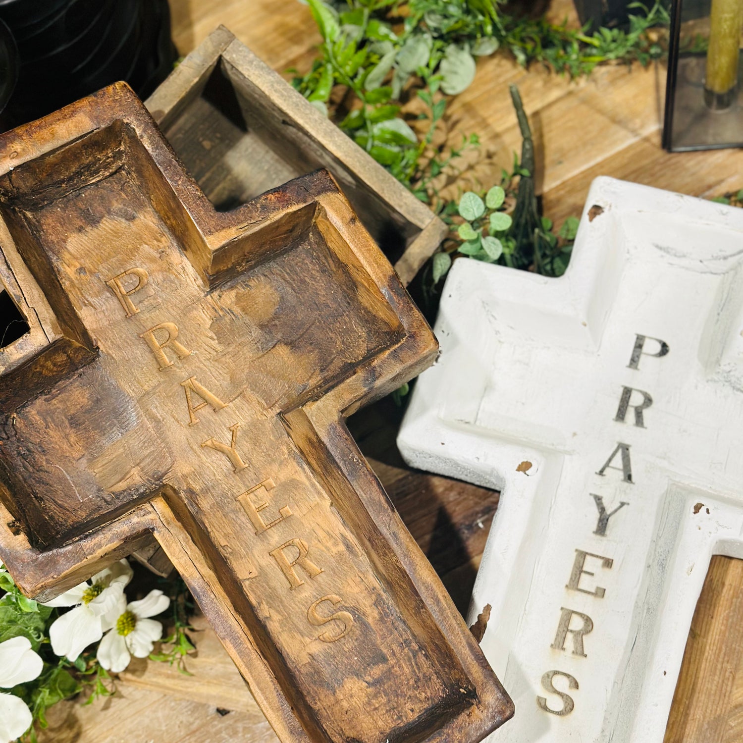 17.75" Large Wood Cross Bowl Engraved Prayers
