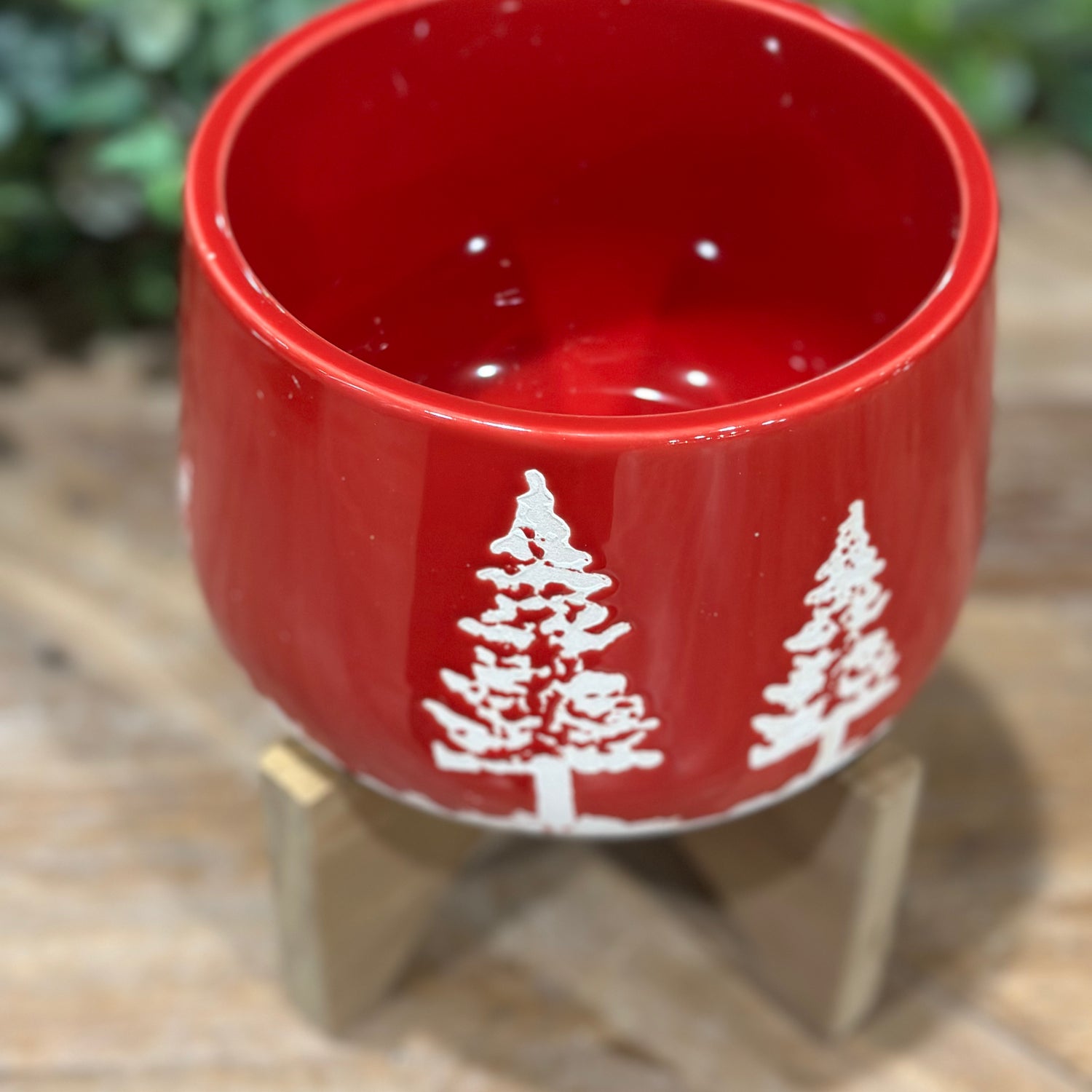 6.75" Red Ceramic Christmas Planter on Wood Stand