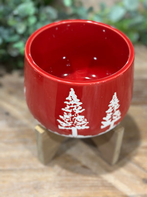 6.75" Red Ceramic Christmas Planter on Wood Stand