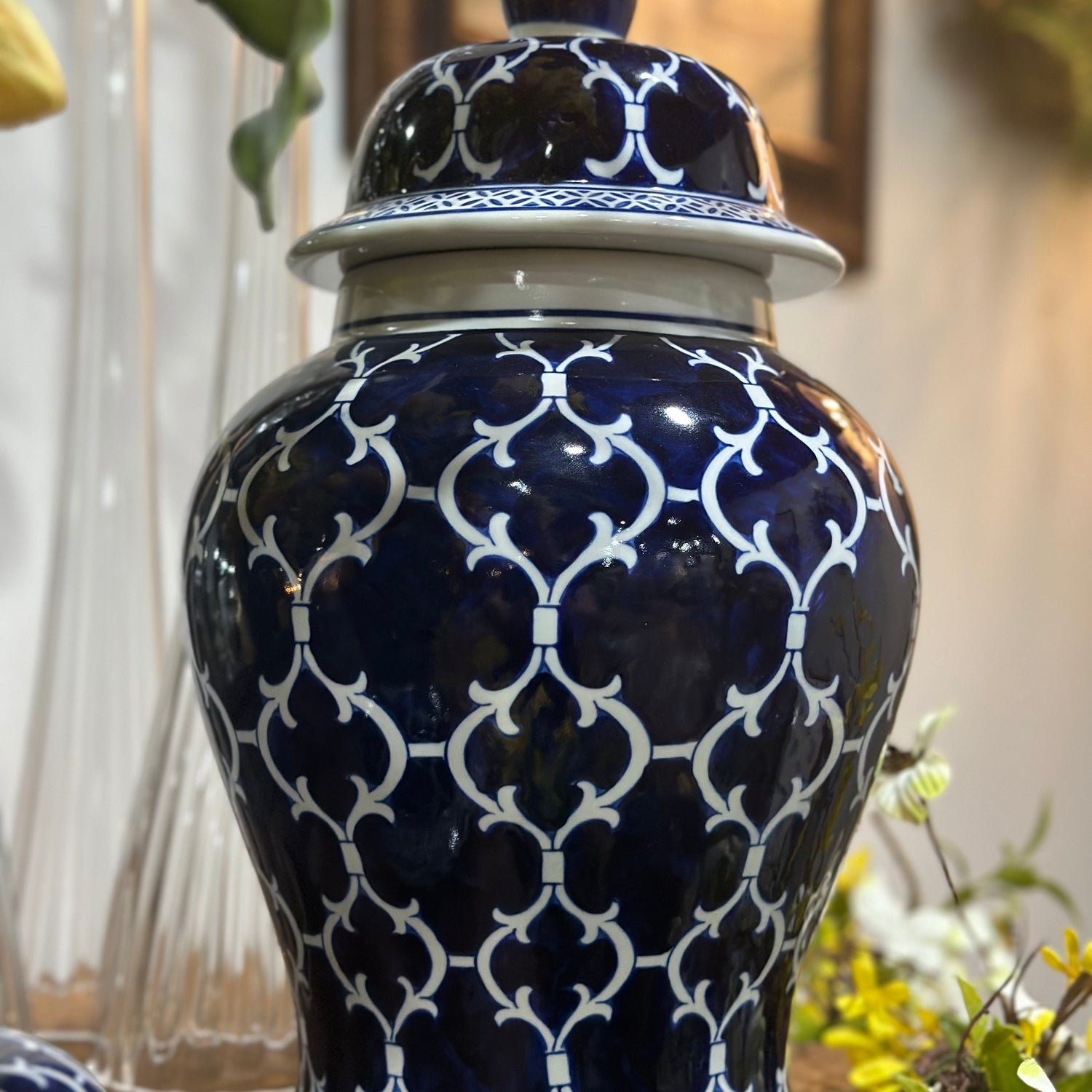 18" Blue & White Quatrefoil Lidded Ceramic Ginger