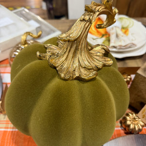 9.5" Green Velvet Pumpkin with Gold Filigree Stem