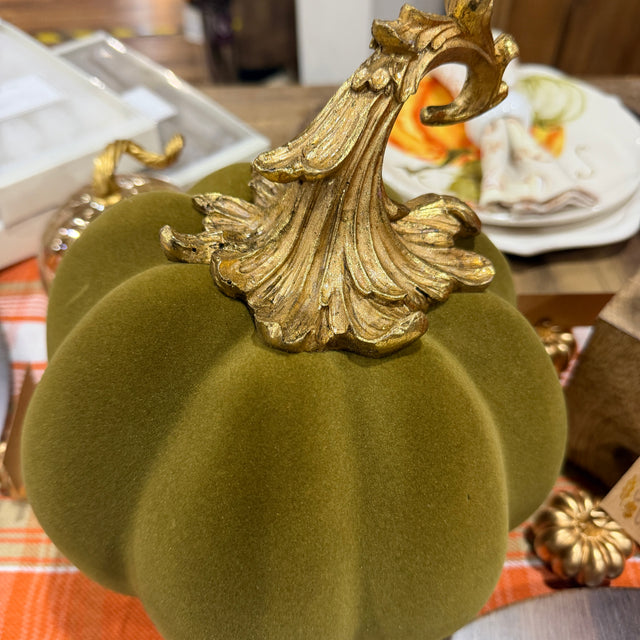 9.5" Green Velvet Pumpkin with Gold Filigree Stem