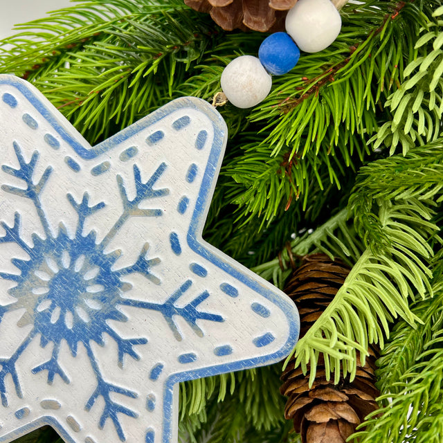 6" White/ Blue Wooden Snowflake with Beaded Hanger