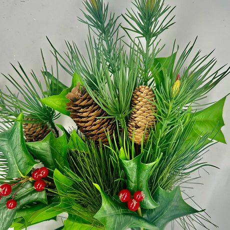 21 inch Holly, Pine, Magnolia Christmas Spray Bundle with Cone