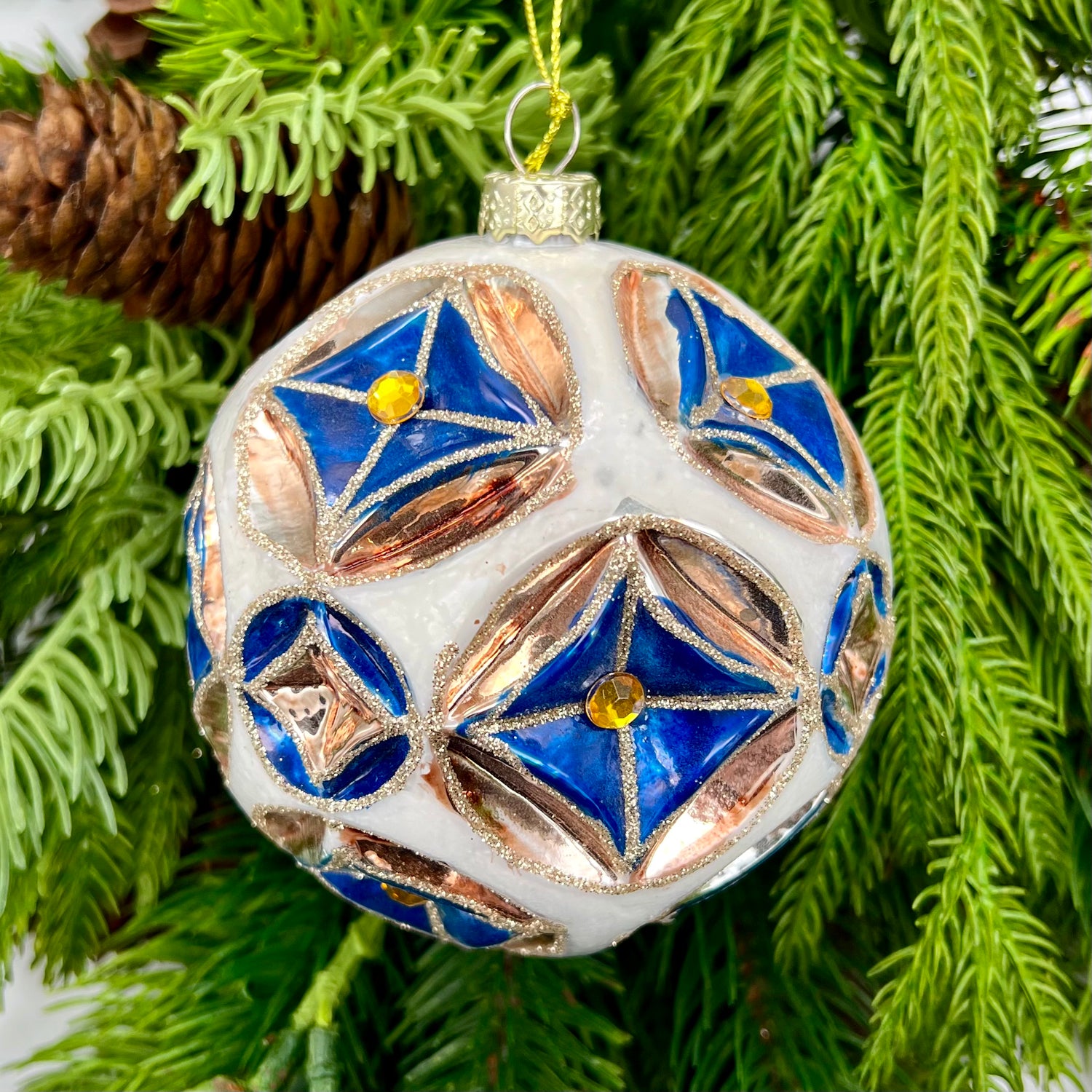 4.5" Blue/Gold Gilded Etched Chinoiserie Ball Ornament