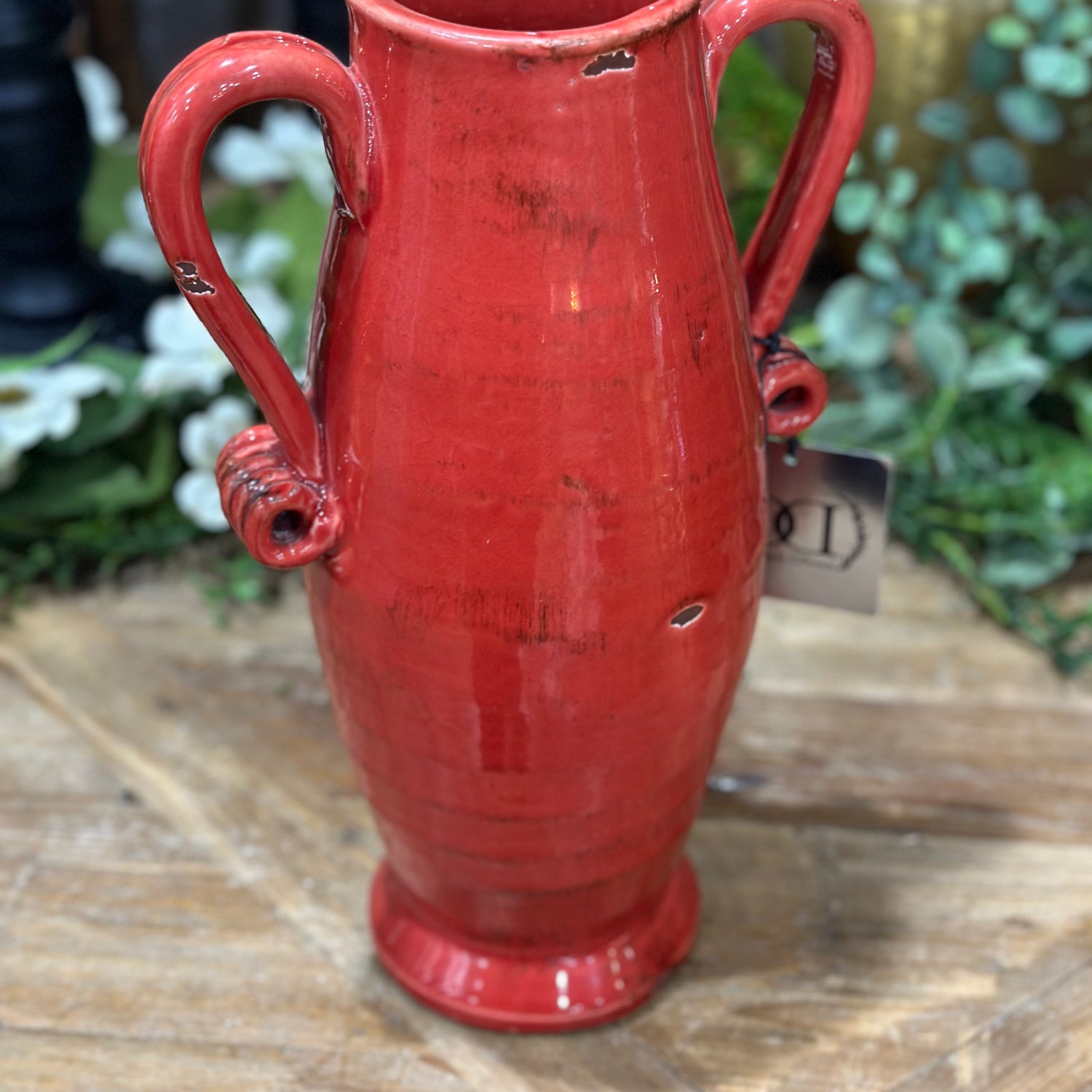 13" Red Glazed Handled Urn