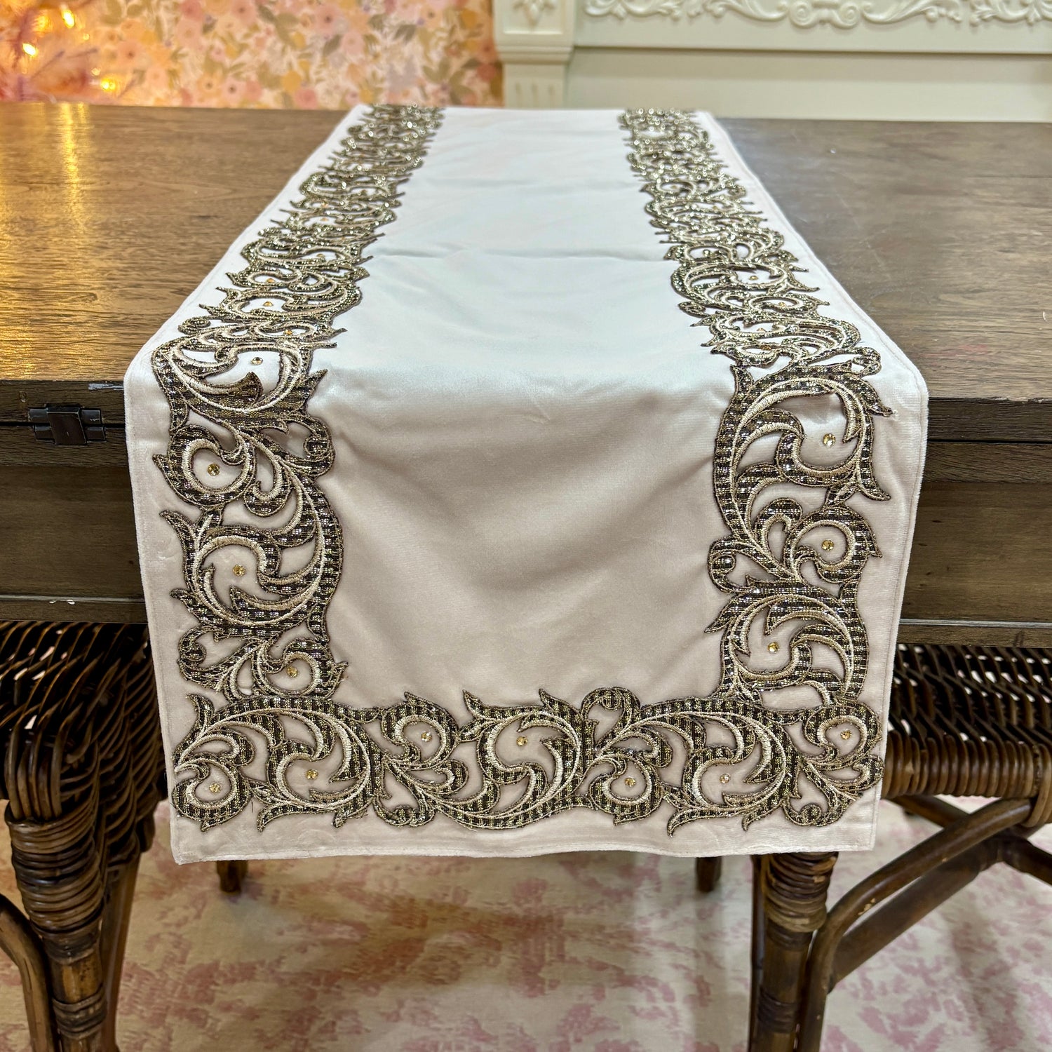 13" x 72" Champagne Embroidered Scroll Velvet Table Runner