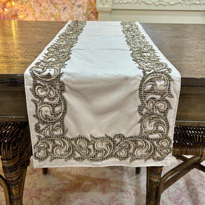13" x 72" Champagne Embroidered Scroll Velvet Table Runner