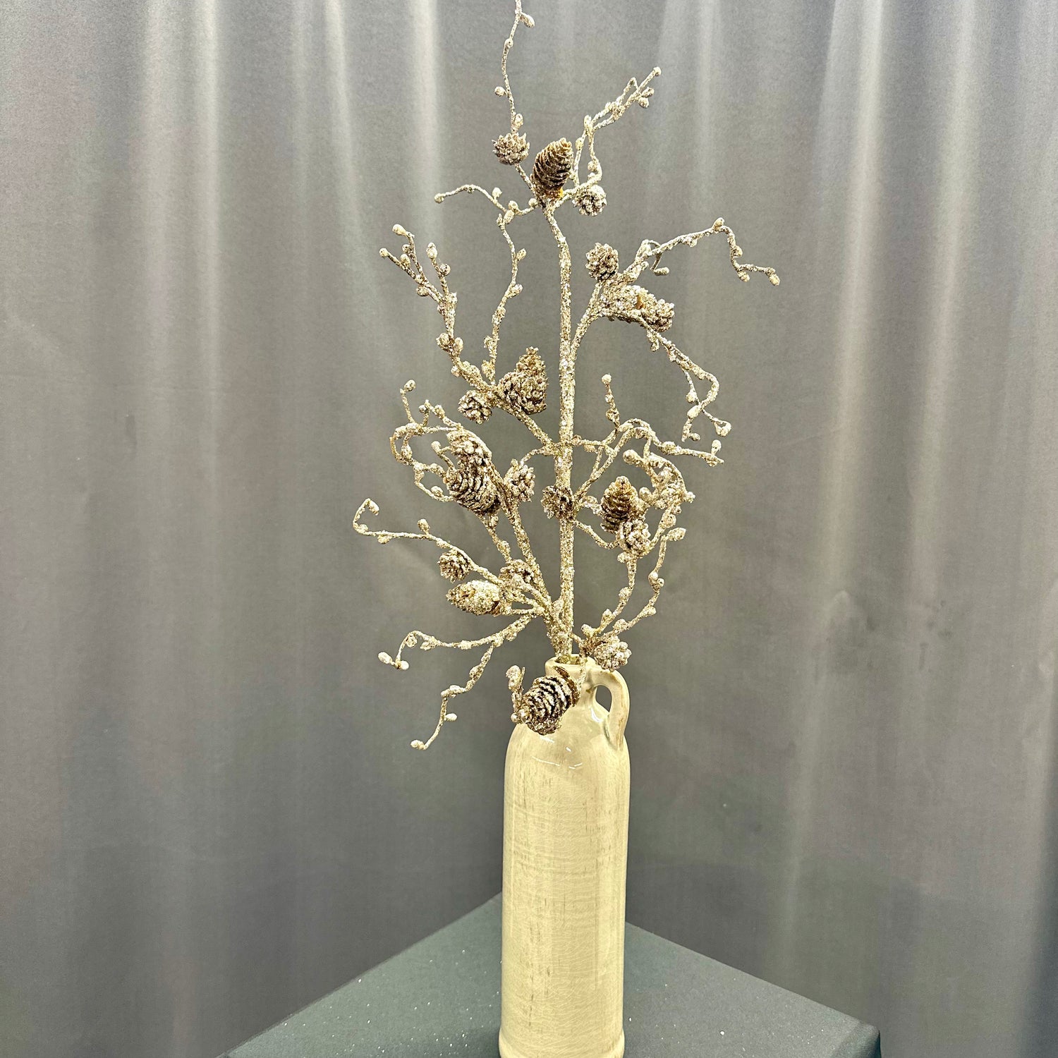 26" Platinum Gold Twig-Pine Cone Spray