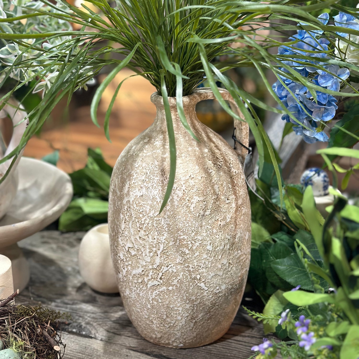 13” Handmade Aged Taupe Clay Jug Decorative Vase Container