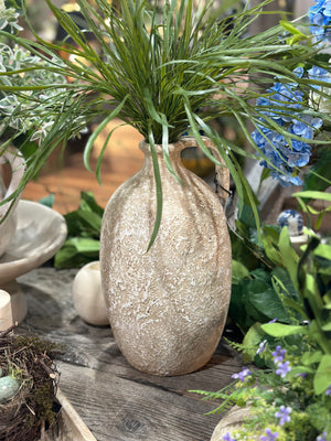 13” Handmade Aged Taupe Clay Jug Decorative Vase Container