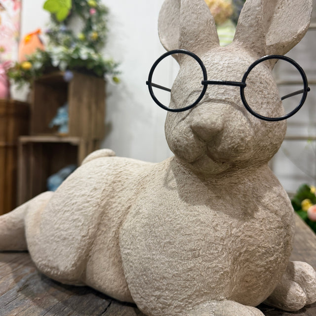 15" Resin Resting Bunny w/Metal Glasses Outdoor