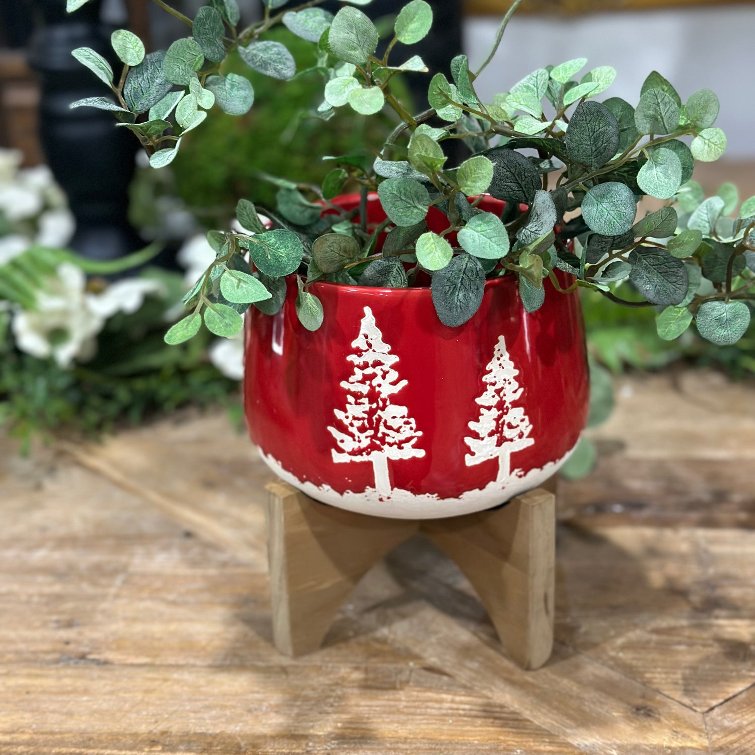 6.75" Red Ceramic Christmas Planter on Wood Stand