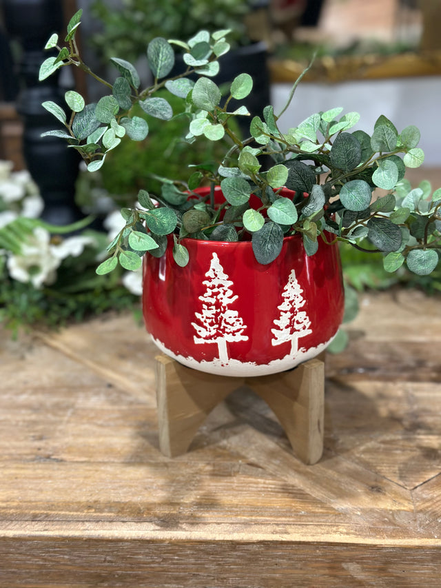 6.75" Red Ceramic Christmas Planter on Wood Stand