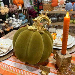 12" Green Velvet Pumpkin with Gold Filigree Stem