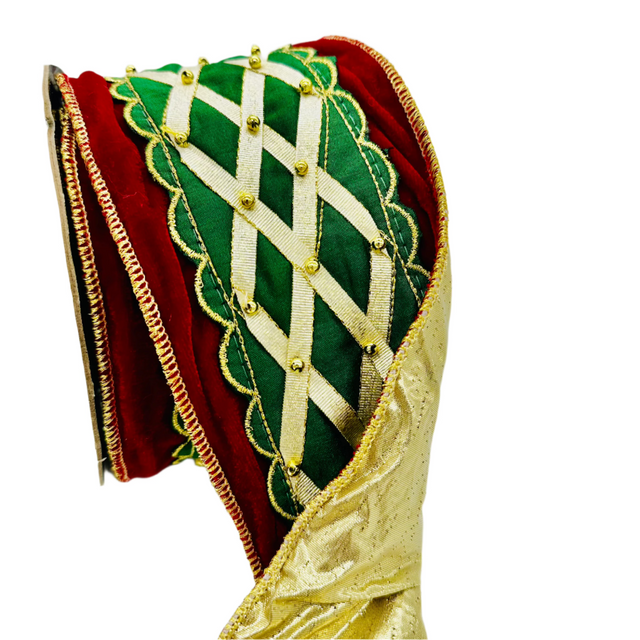 4" Red/Green/Gold Velvet Cross Grain Ribbon- 5 Yards