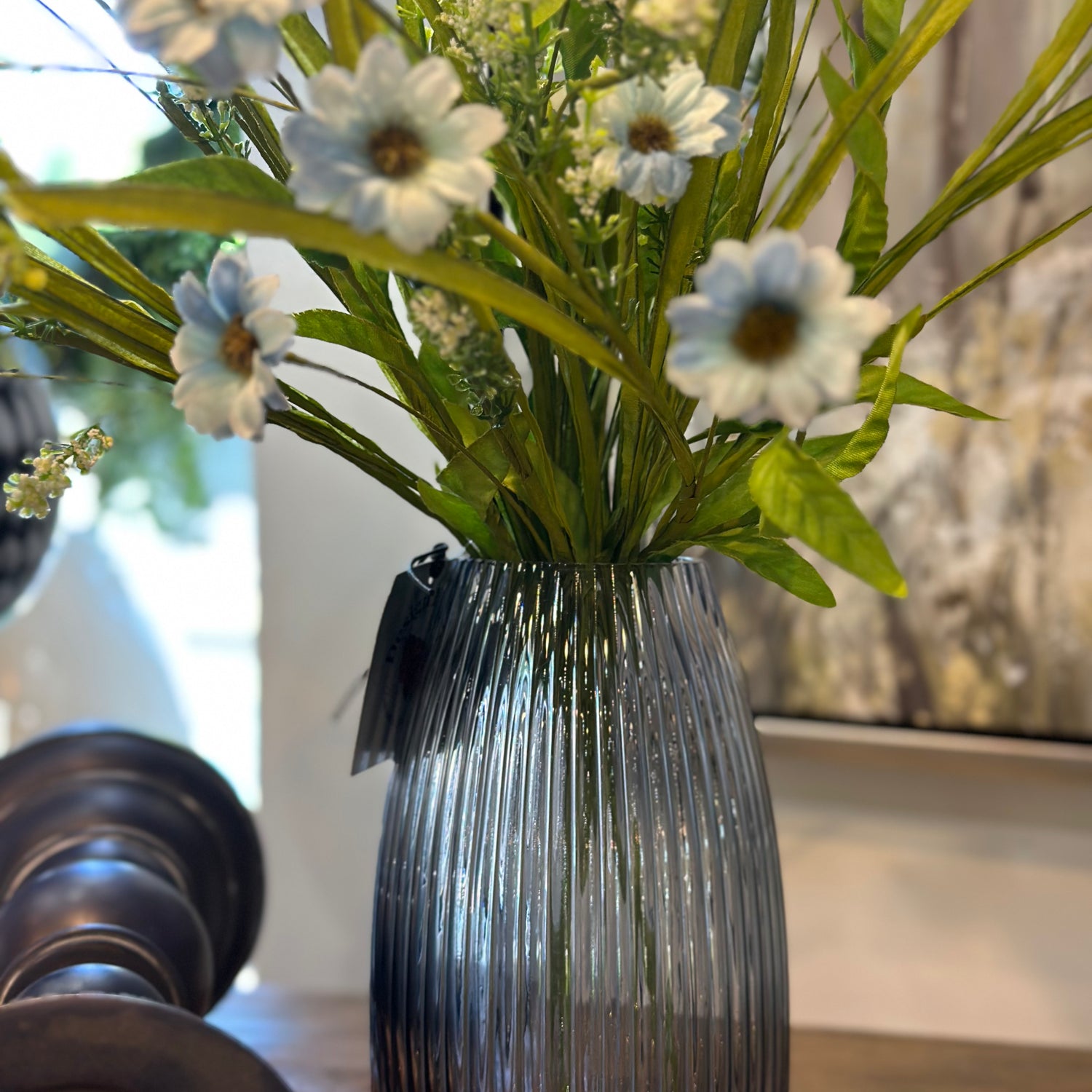 8.25” Ribbed Blue Gray Glass Vase