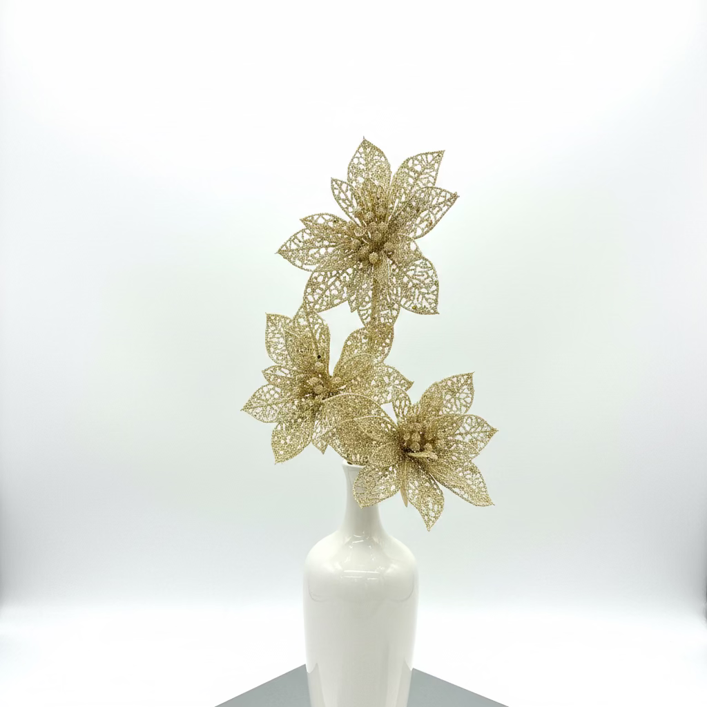 19" Champagne Glitter Triple Poinsettia Spray