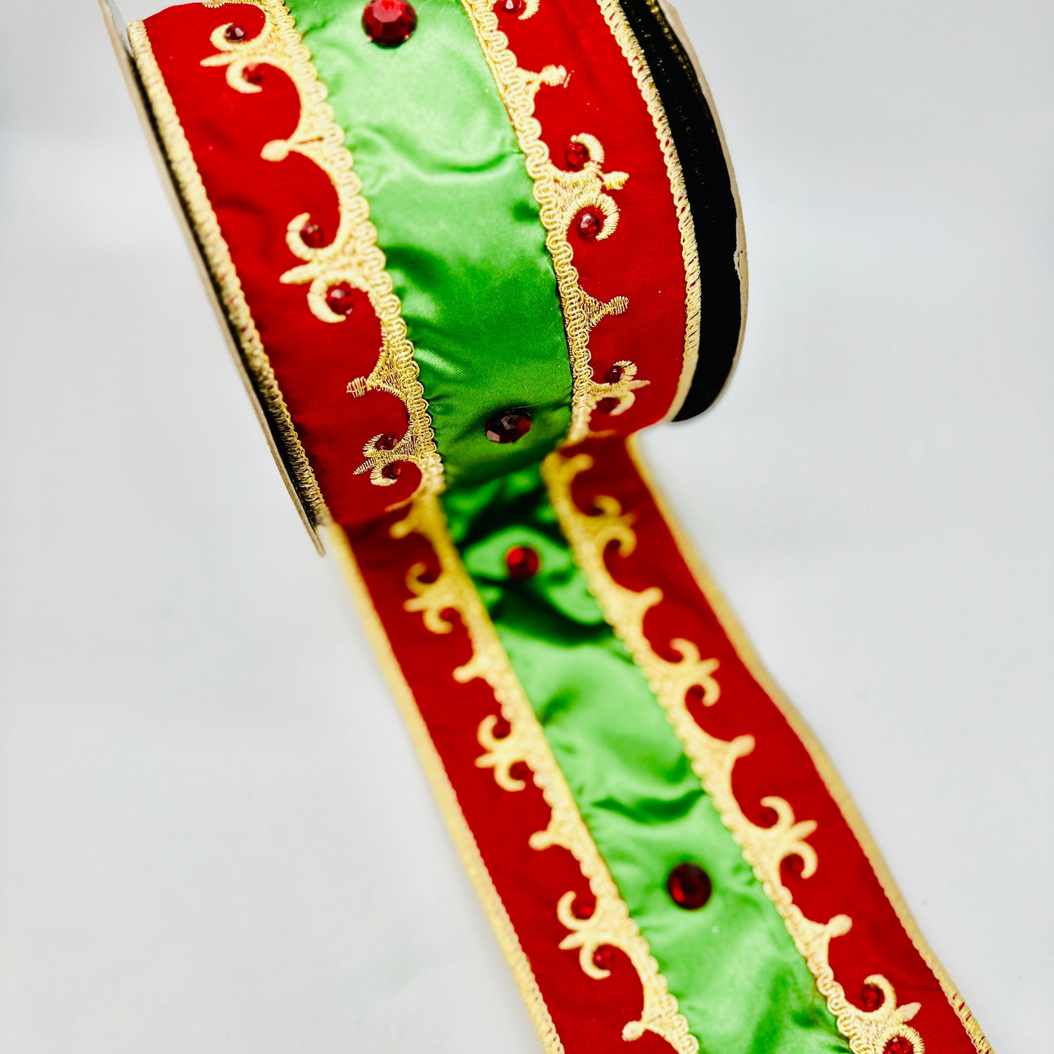 4" Red/ Green / Gold  Embroidered Fleur De Lis Trim with Jewels Ribbon- 5 Yards
