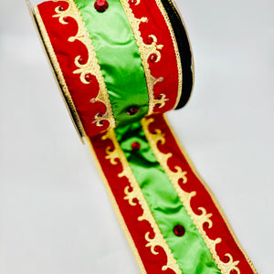 4" Red/ Green / Gold  Embroidered Fleur De Lis Trim with Jewels Ribbon- 5 Yards