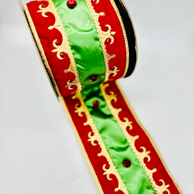 4" Red/ Green / Gold  Embroidered Fleur De Lis Trim with Jewels Ribbon- 5 Yards