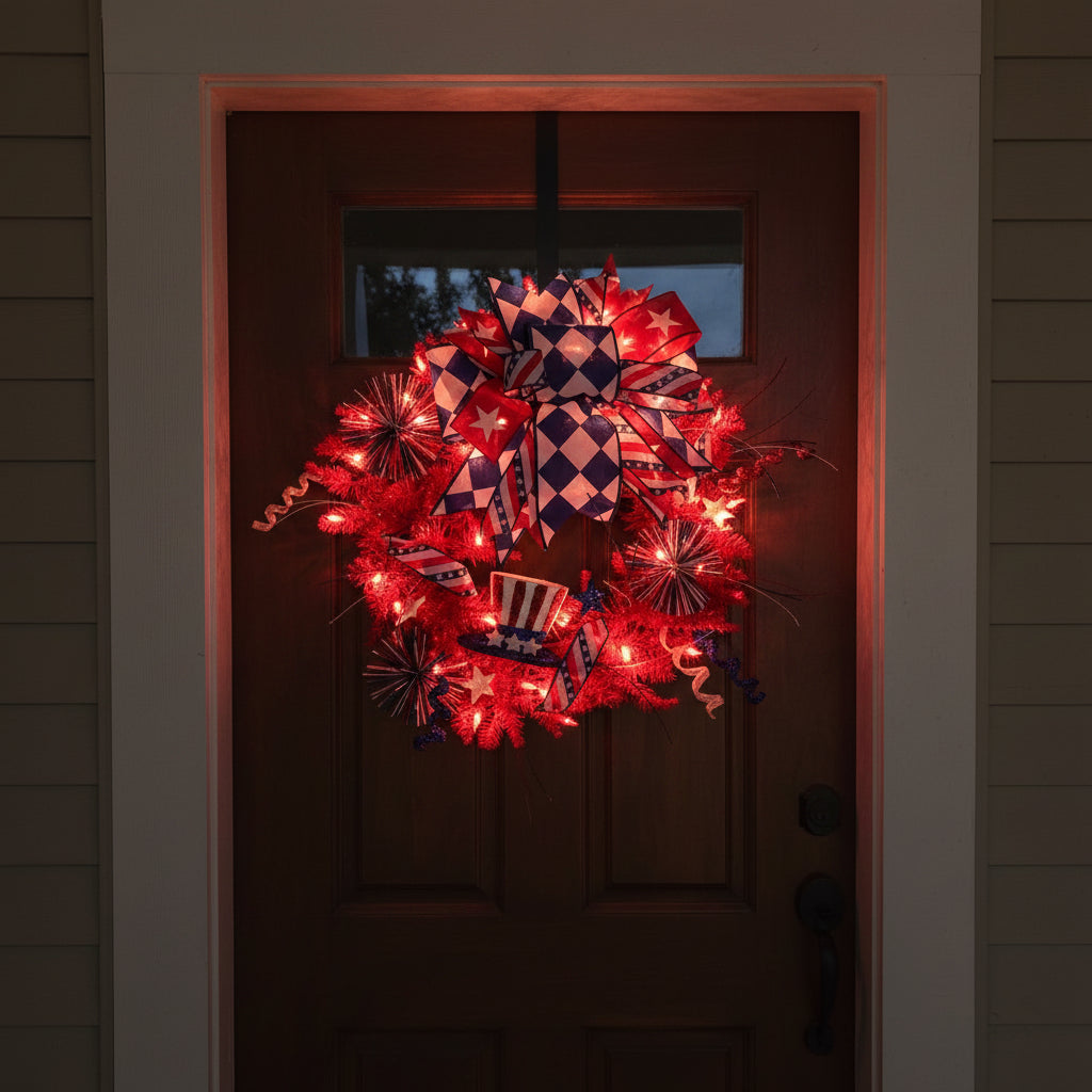 24" Patriotic Parade Designer Wreath with Handtied Bow | Lit or Unlit
