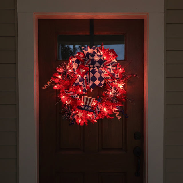 24" Patriotic Parade Designer Wreath with Handtied Bow | Lit or Unlit