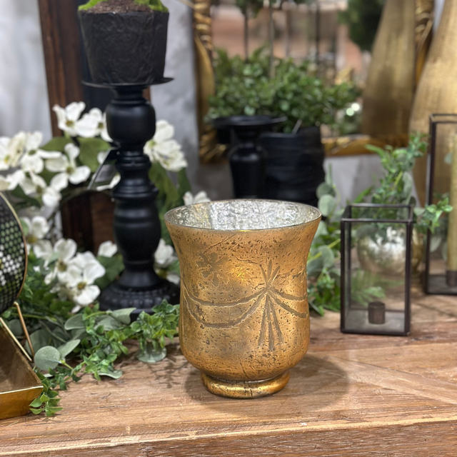 8" Antique Bronze Etched Pattern Hurricane Candle Holder