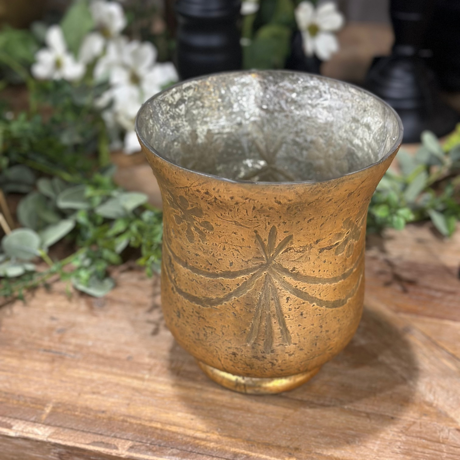 8" Antique Bronze Etched Pattern Hurricane Candle Holder