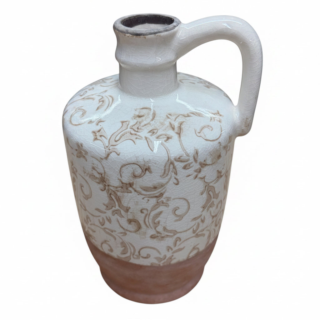 10" Cream Ceramic Vase with Tan Floral Pattern Jug Shape