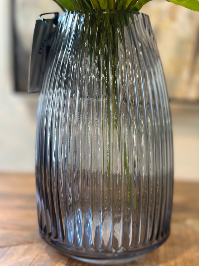 8.25” Ribbed Blue Gray Glass Vase