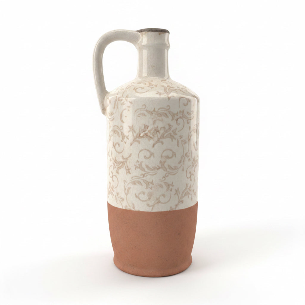 13.5" Cream Ceramic Vase/Jug with Tan Floral Pattern