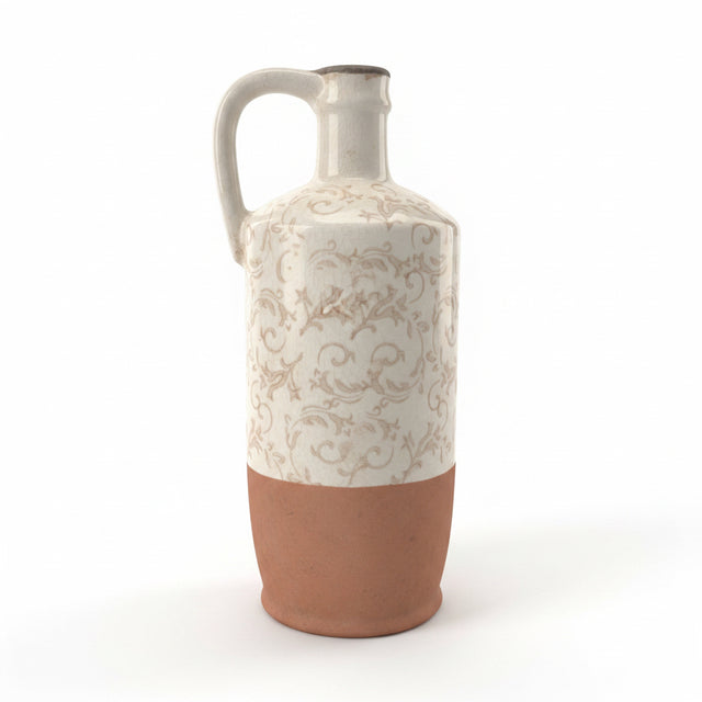 13.5" Cream Ceramic Vase/Jug with Tan Floral Pattern