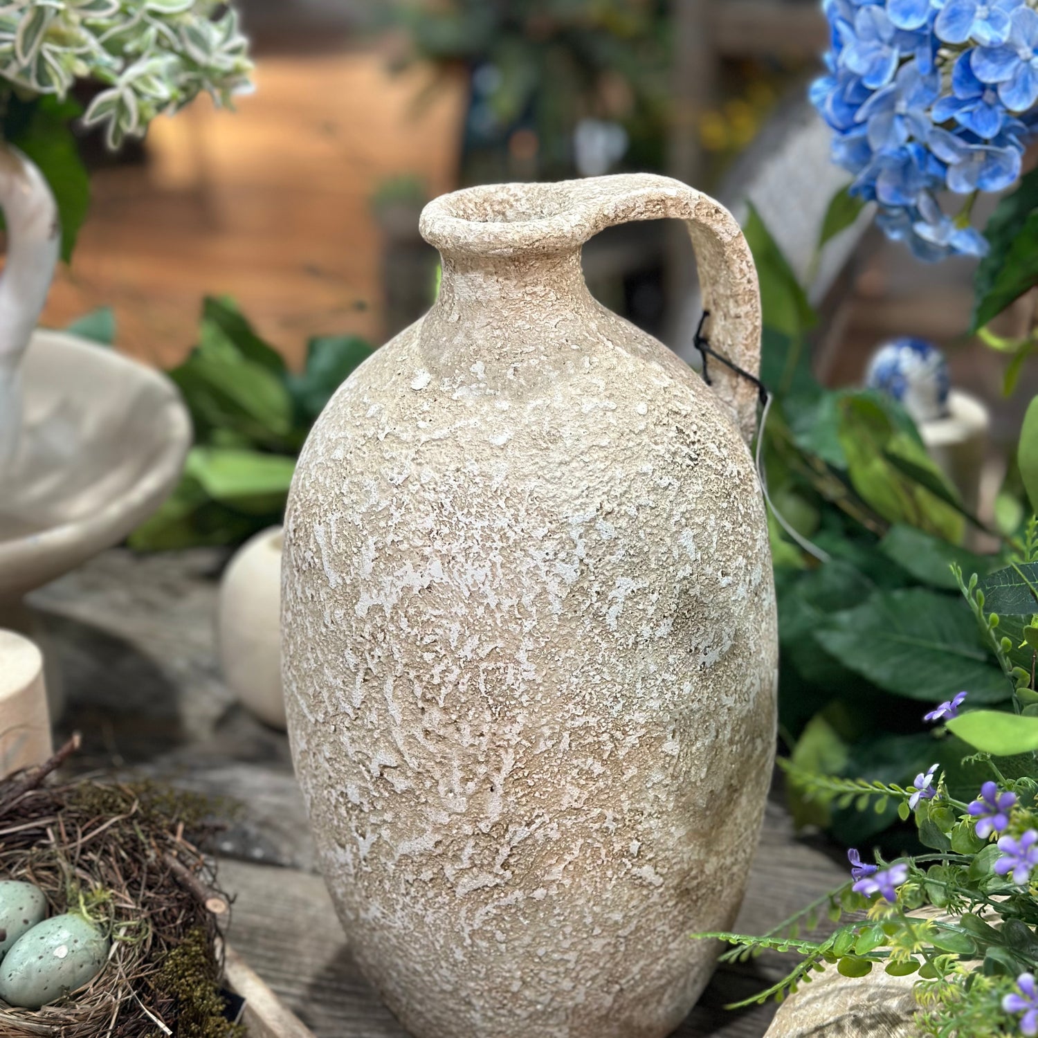 13” Handmade Aged Taupe Clay Jug Decorative Vase Container