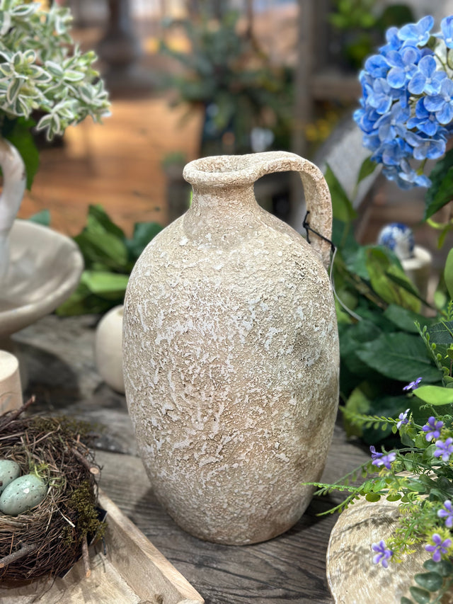 13” Handmade Aged Taupe Clay Jug Decorative Vase Container