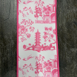 4"X5YDS Pink&White Asian Vista Chinoiserie Deluxe Wired Ribbon