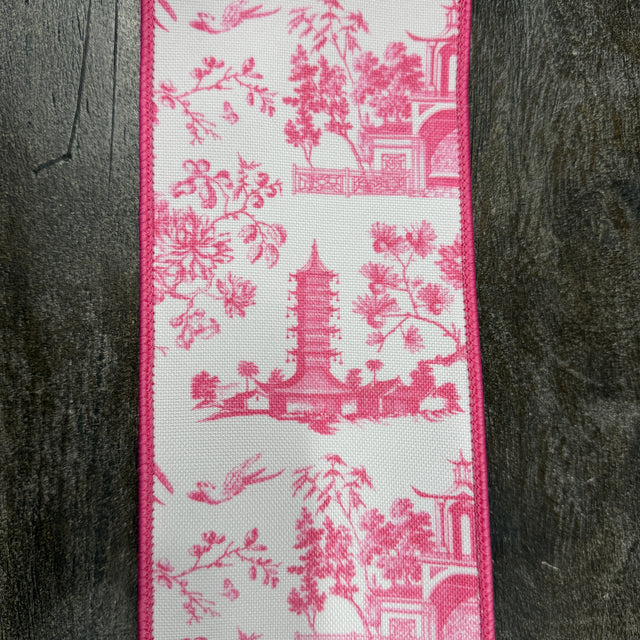 4"X5YDS Pink&White Asian Vista Chinoiserie Deluxe Wired Ribbon