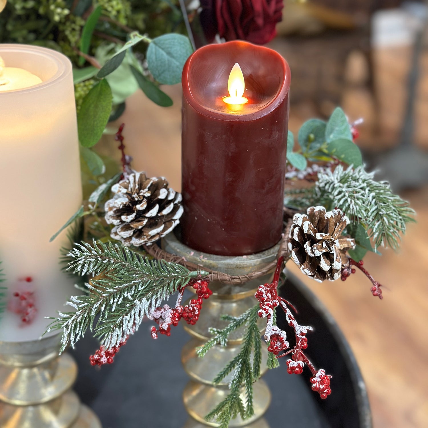 10" Pinecone and Berry Candle Ring