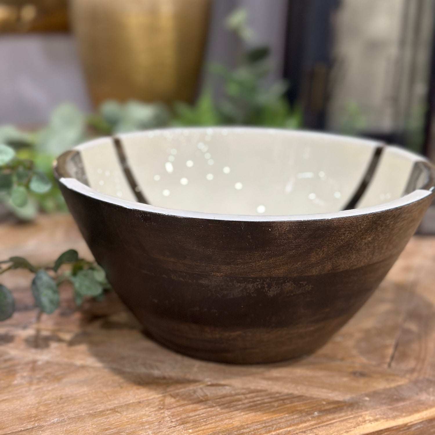 9.5” Round Mango Wood Enameled Striped Bowl